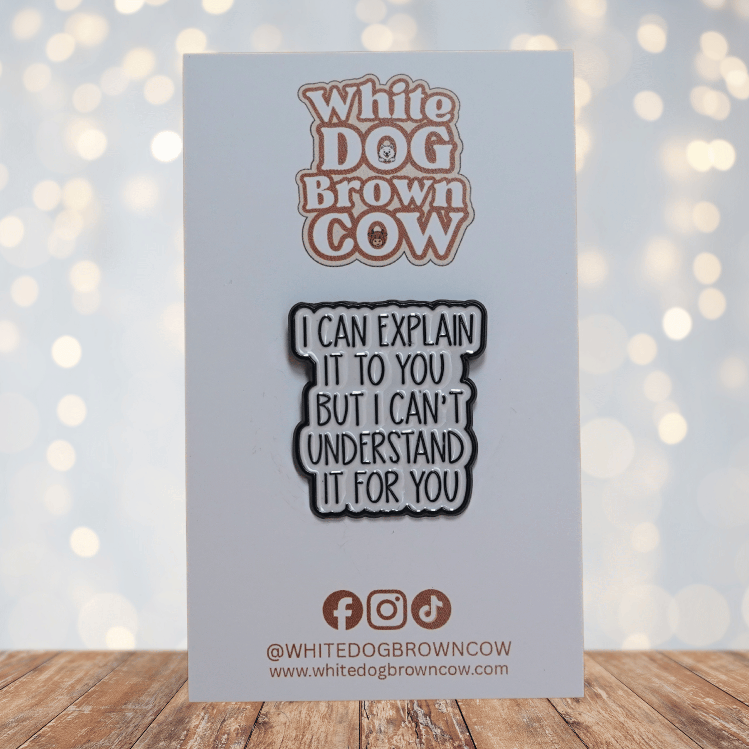 Enamel pin with the quote “I can explain it to you but I can’t understand it for you” in black text on a light background.