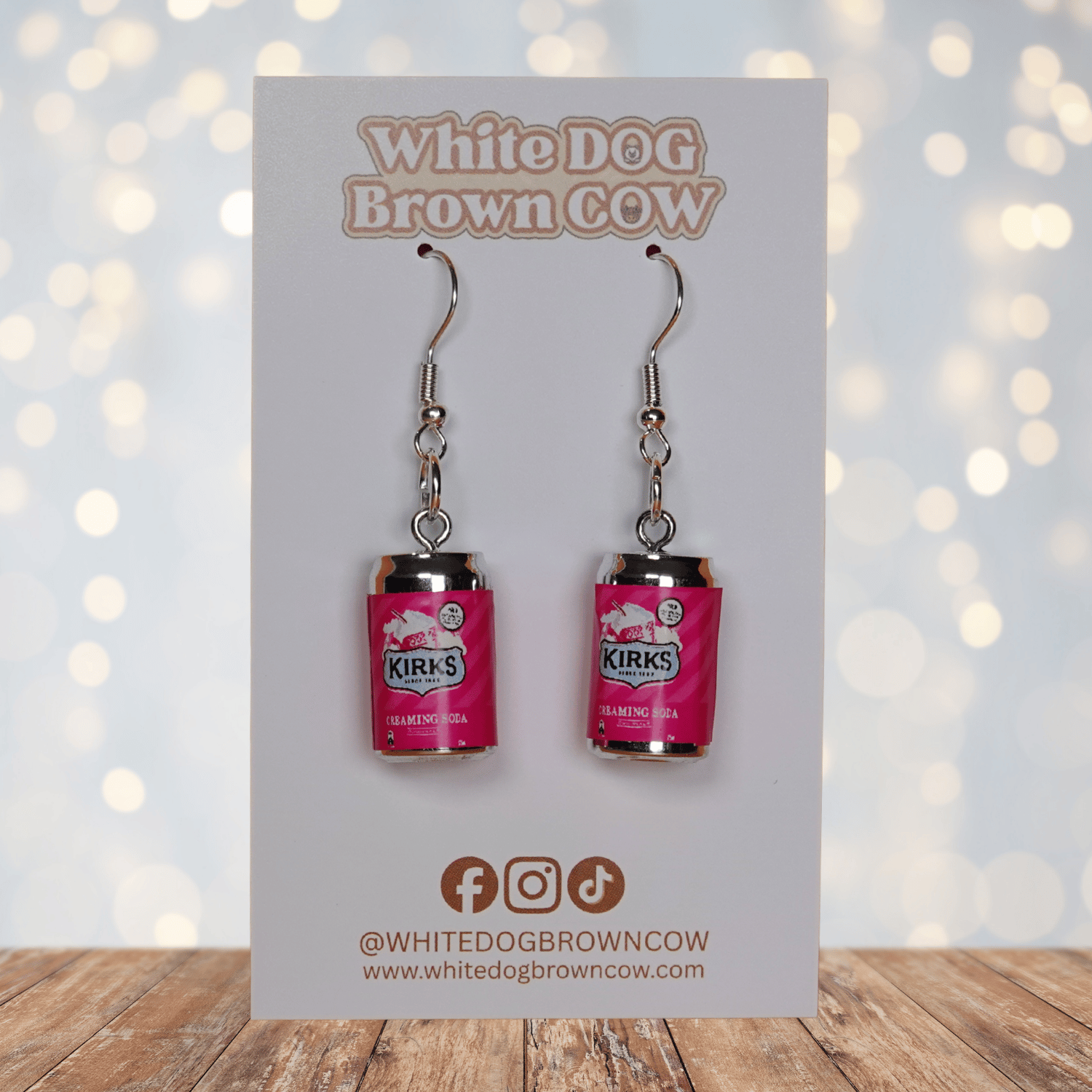 Mini Kirks Creaming Soda–style pink soft drink can novelty dangle earrings