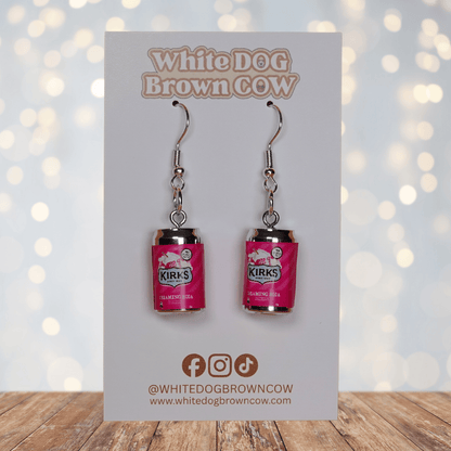 Mini Kirks Creaming Soda–style pink soft drink can novelty dangle earrings