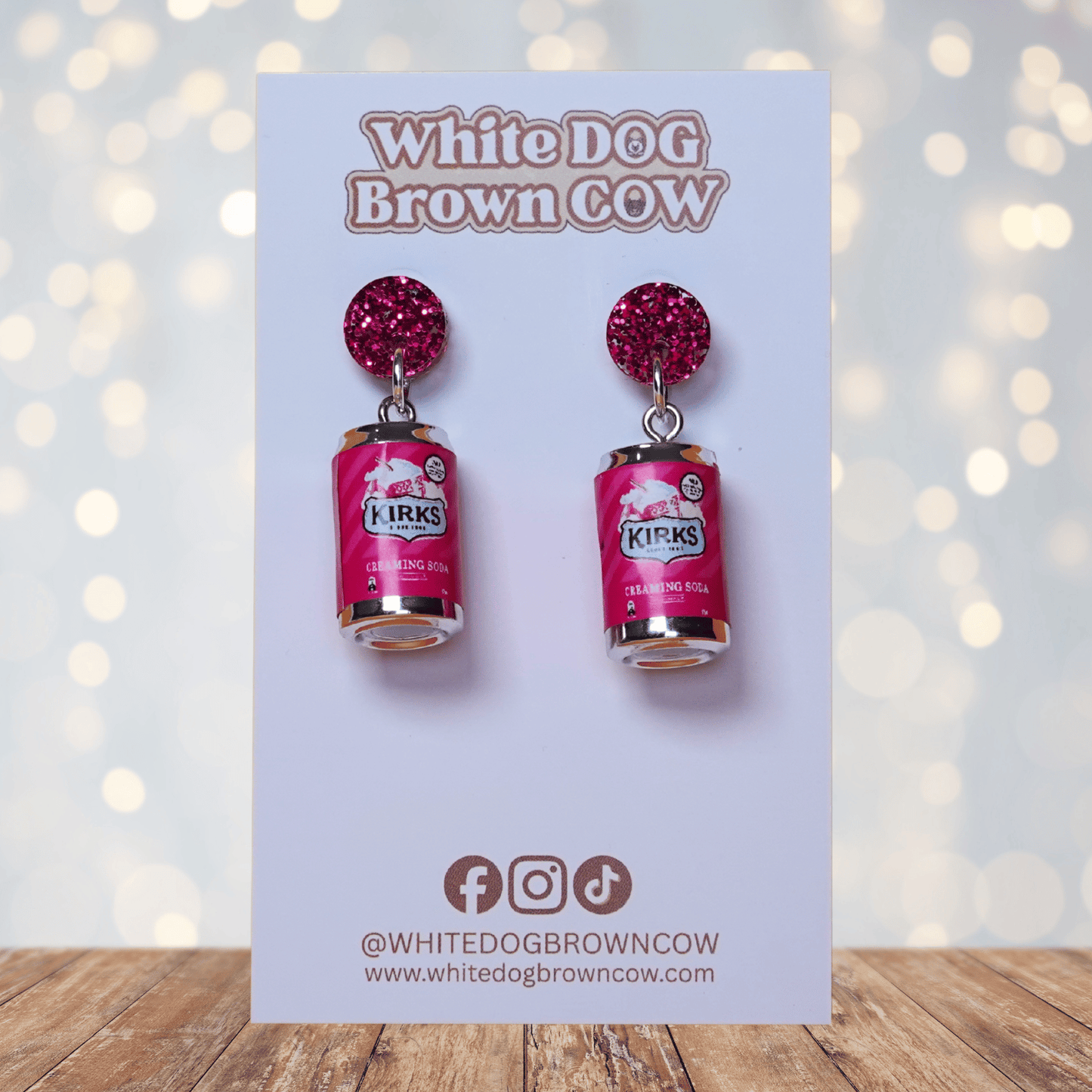 Mini Kirks Creaming Soda–style pink soft drink can novelty dangle earrings