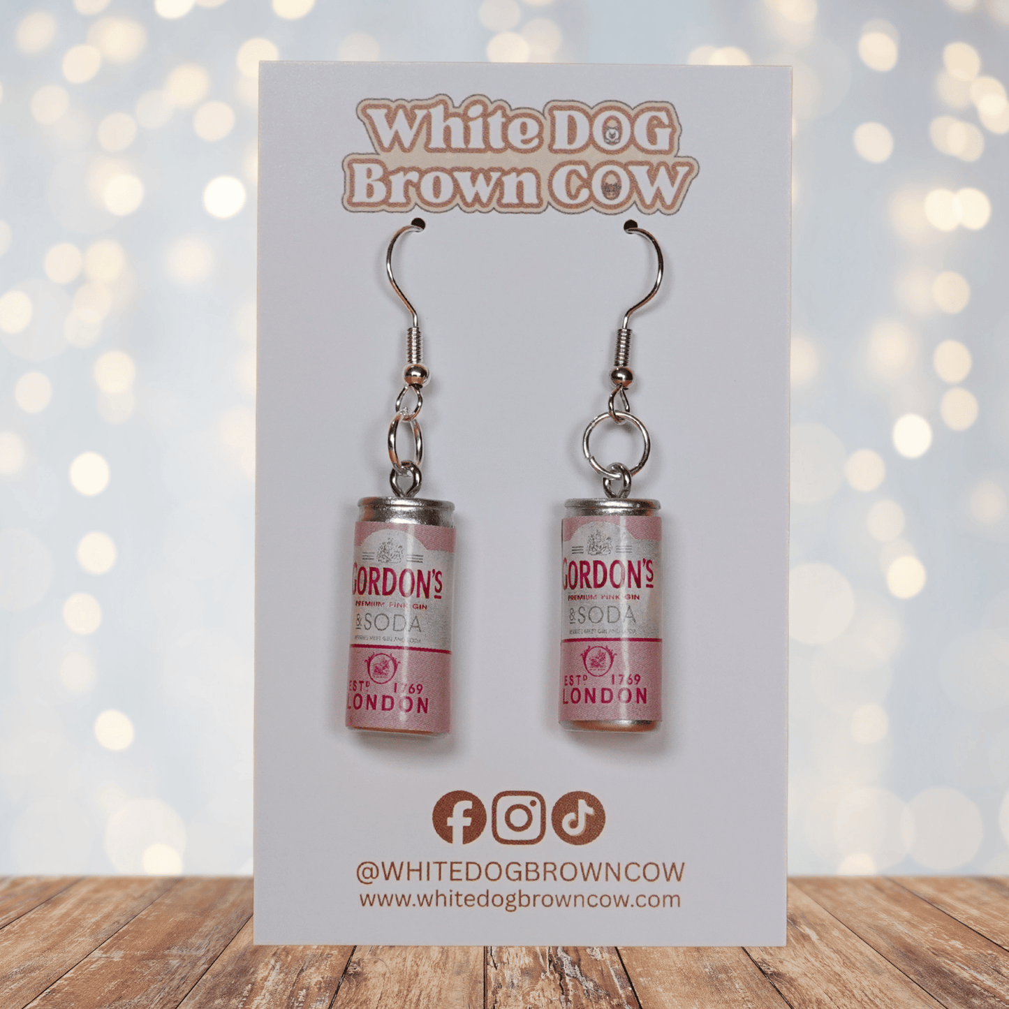 Mini pink gin and soda–style can novelty dangle earrings