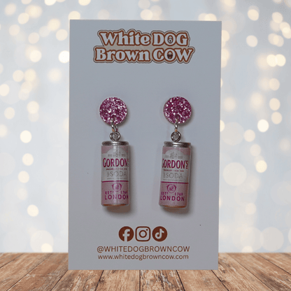 Mini pink gin and soda–style can novelty dangle earrings