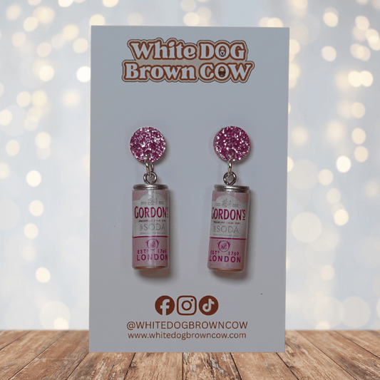 Mini pink gin and soda–style can novelty dangle earrings