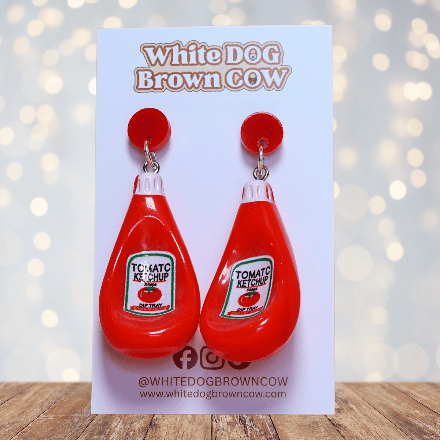 Red tomato ketchup bottle shaped dangle earrings with white cap and red stud tops