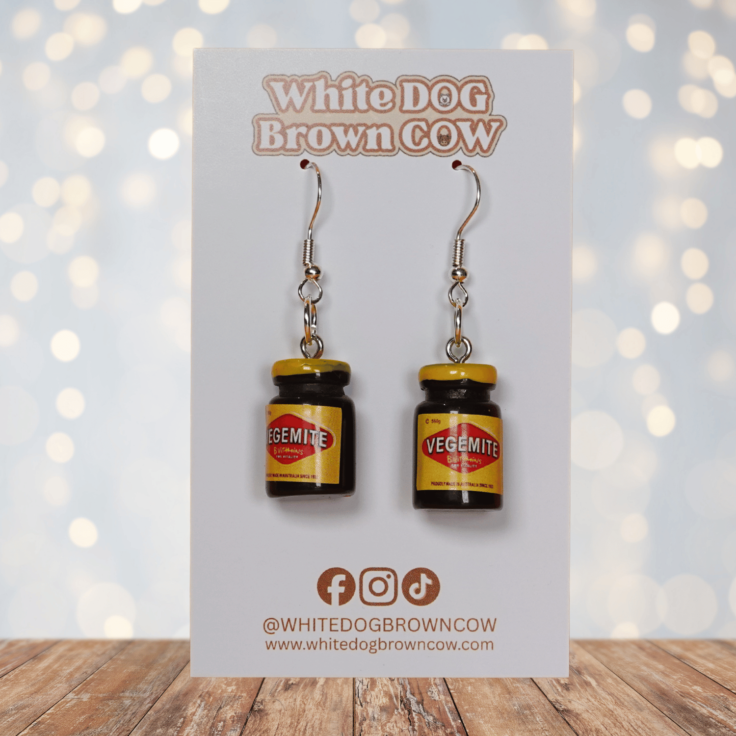 Mini Vegemite jar novelty dangle earrings with silver hooks, inspired by the classic Australian spread.