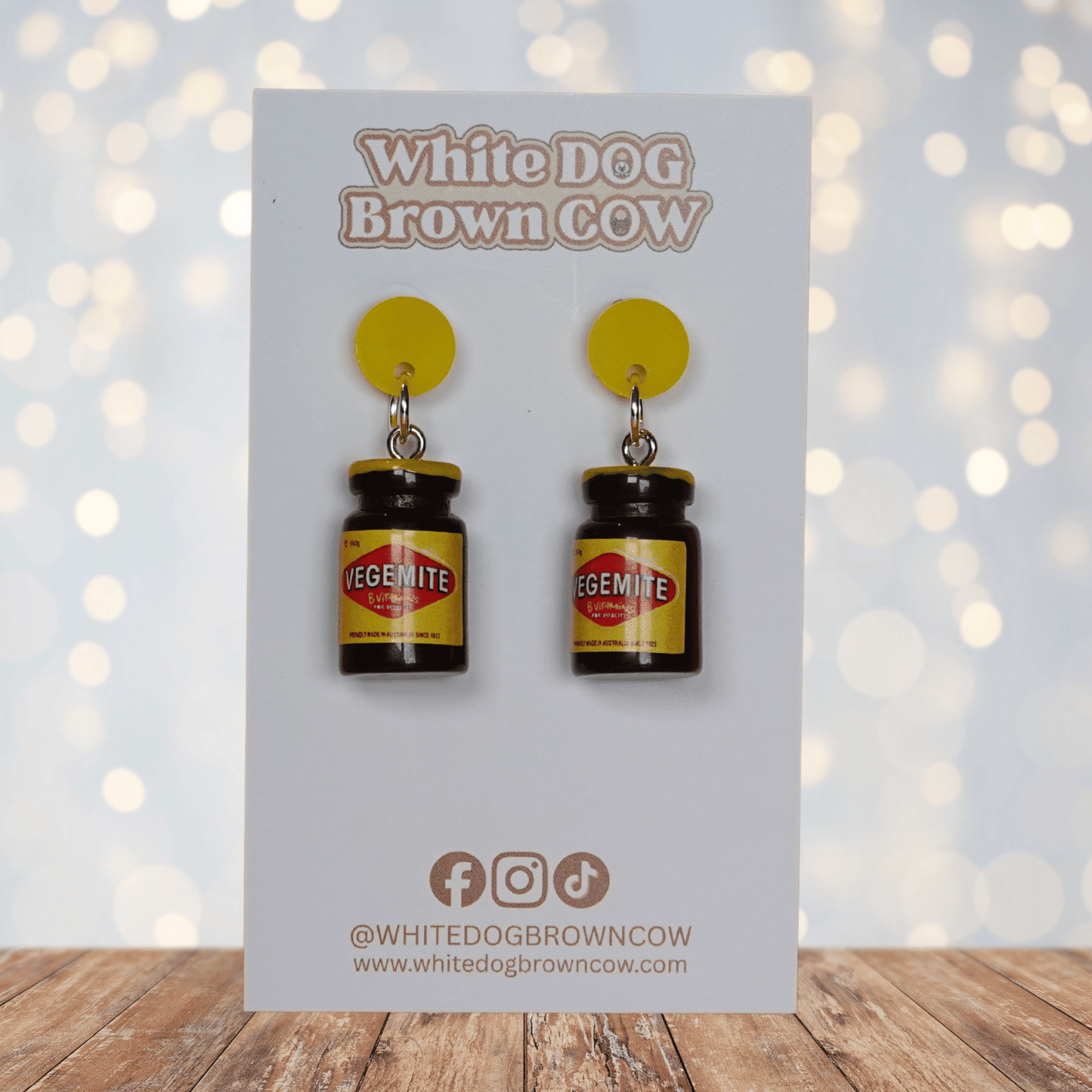 Mini Vegemite jar novelty dangle earrings with silver hooks, inspired by the classic Australian spread.