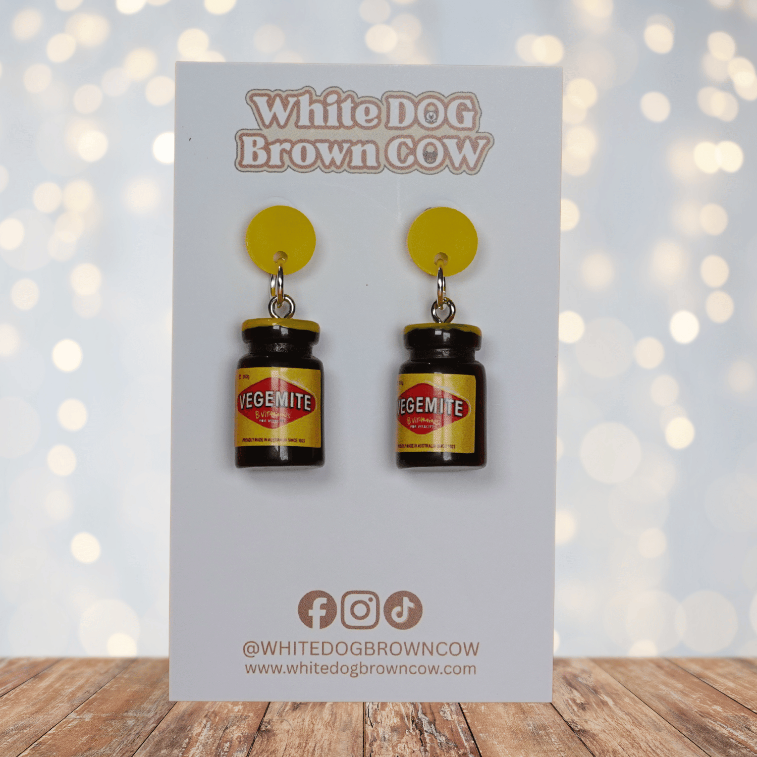 Mini Vegemite jar novelty dangle earrings with silver hooks, inspired by the classic Australian spread.